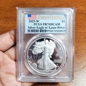 2025 W Silver American Eagle $1 Laser Privy PCGS PR70 DCAM First Strike Flag